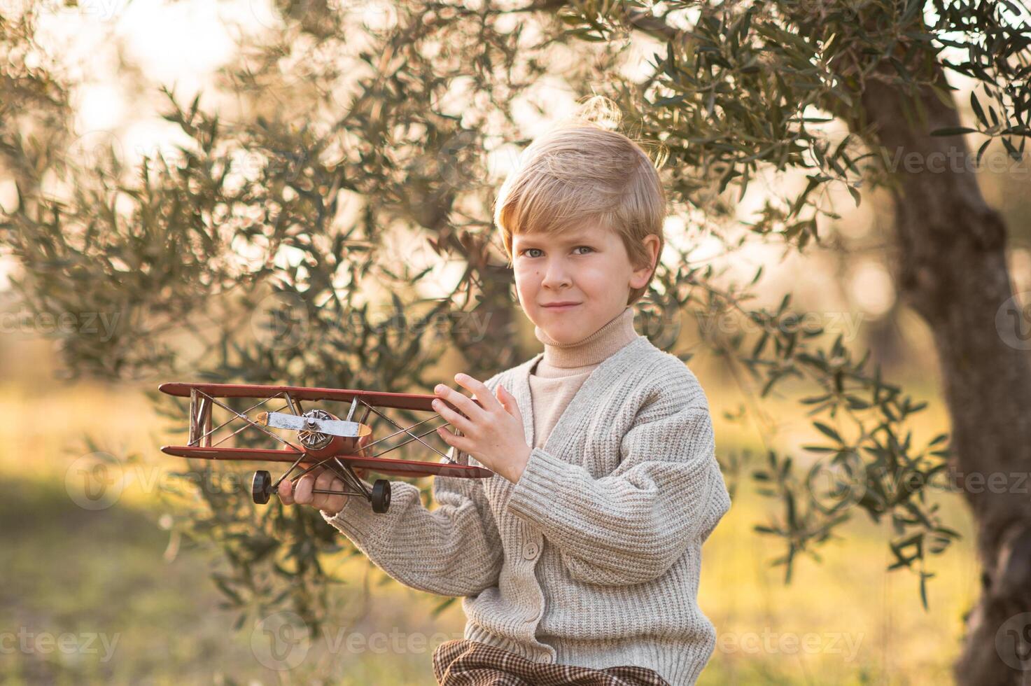 Sitting on an old suitcase beneath a towering tree, the boy dreams as he flies his vintage plane. photo
