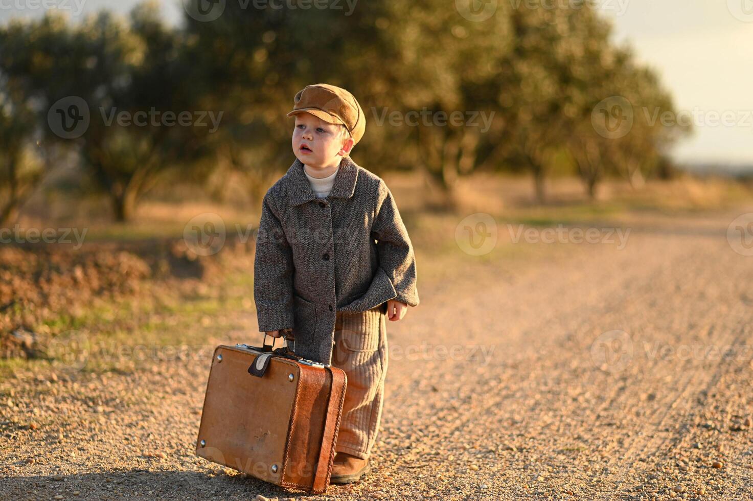 A boy in a vintage coat and hat stands on the road with an old suitcase, ready for his journey photo