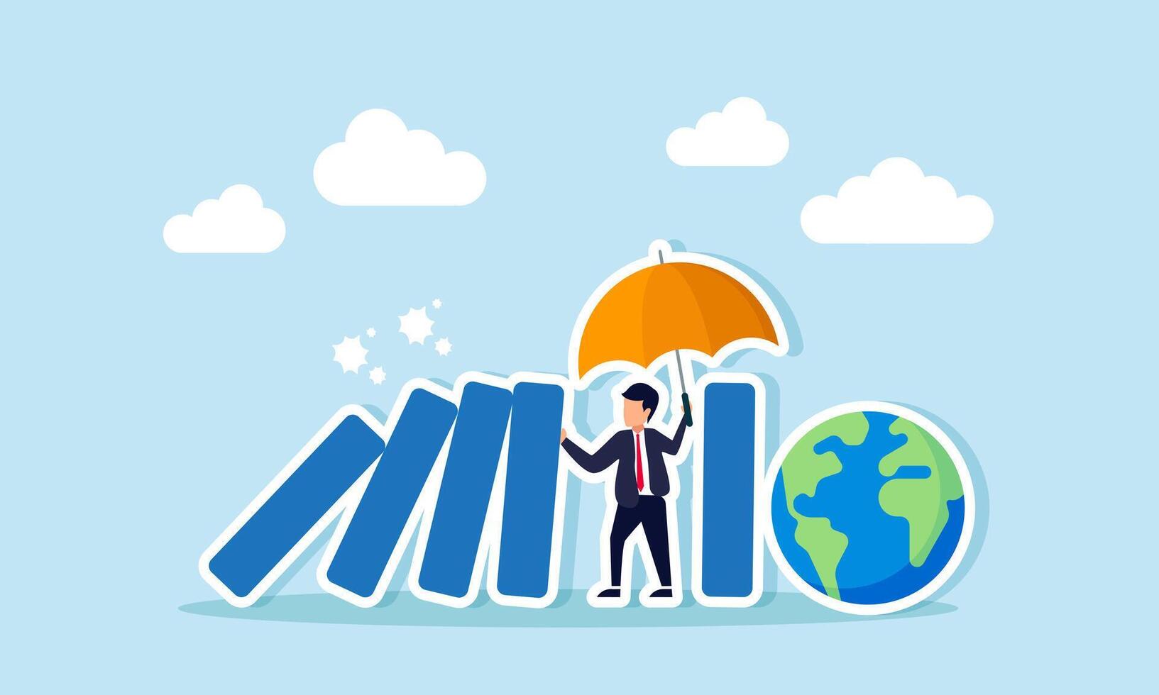 Businessman holds an umbrella, stopping falling blocks to protect the globe, illustration of business insurance in safeguarding business target market distribution vector