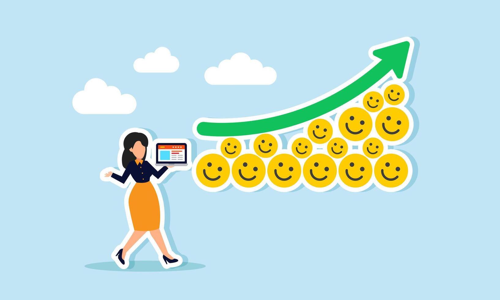 Businesswoman holds a laptop while standing beside a rising chart made of stacked happy emoticons, illustration of a business presentation on strategies to increase market attention vector