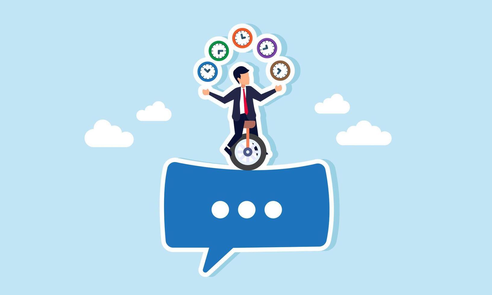 Businessman rides a unicycle on a chat dialog while juggling multiple clocks, illustration of feedback and suggestions for business schedule efficiency vector