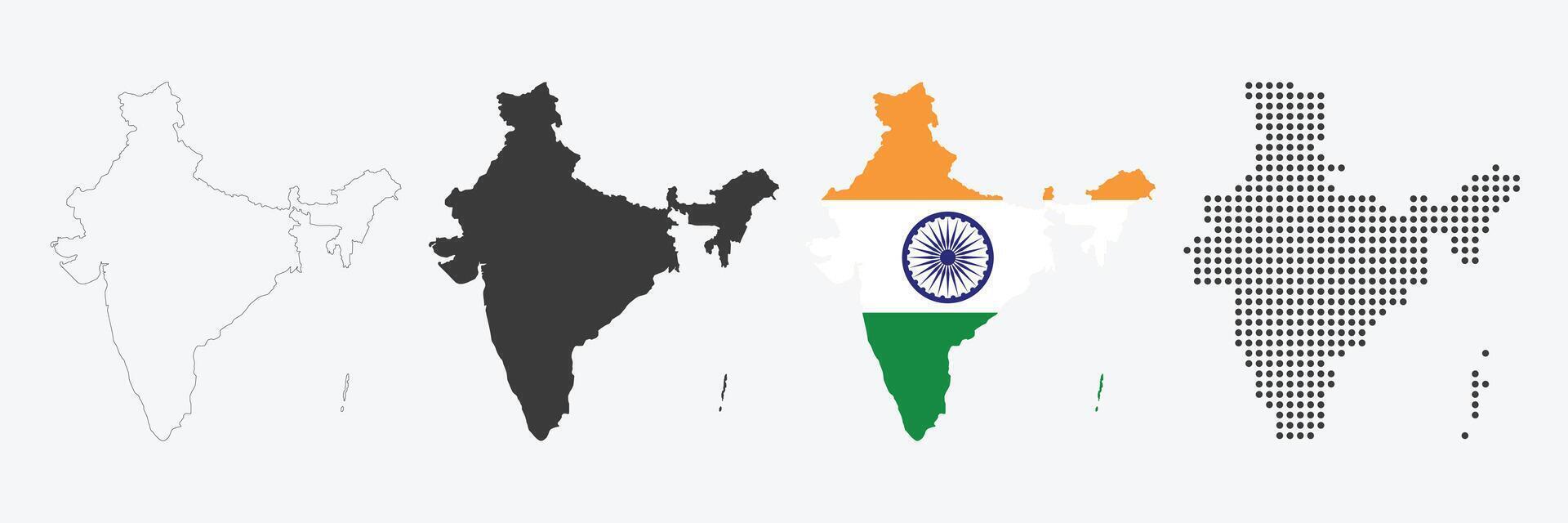 India map in various style outline, grey, flag color, and dotted vector