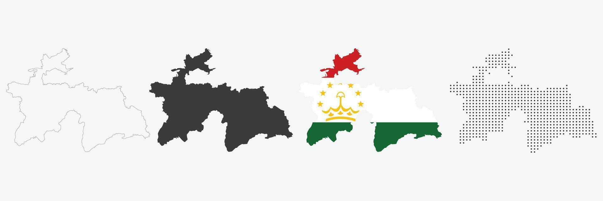 Tajikistan map in various style outline, grey, flag color, dotted vector