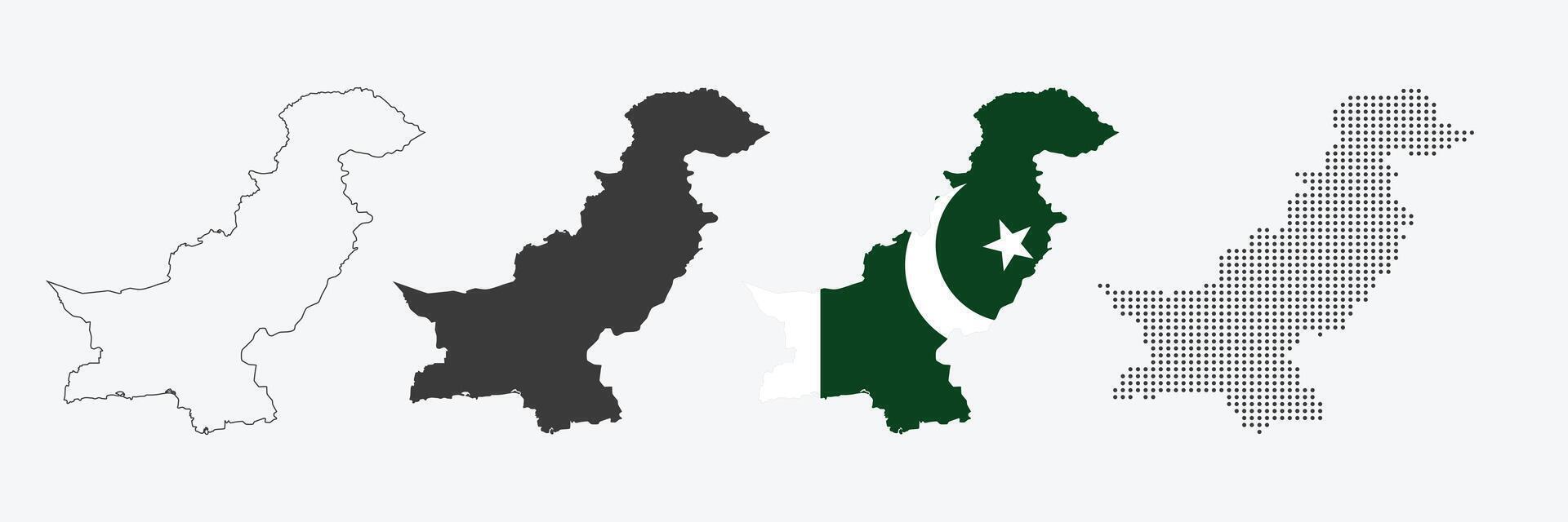 Pakistan map in various style outline, grey, flag color, and dotted vector