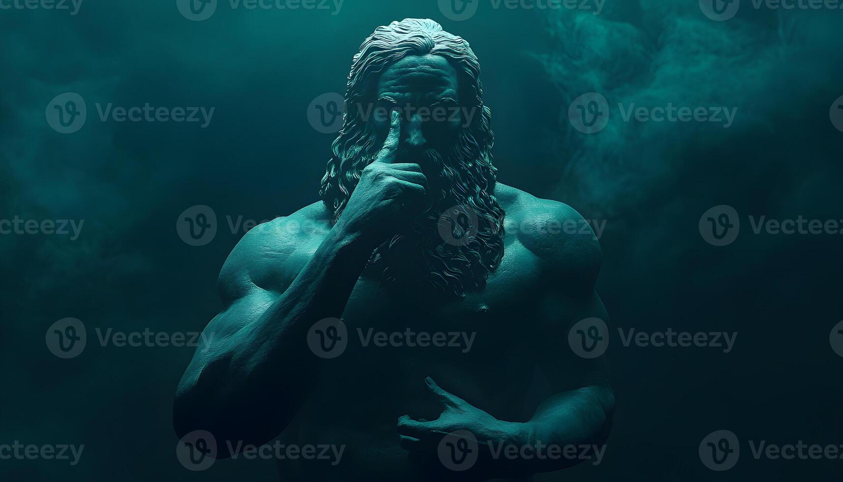 Mystic Monument, A brooding statue bathed in teal, shrouded by enigmatic mist photo