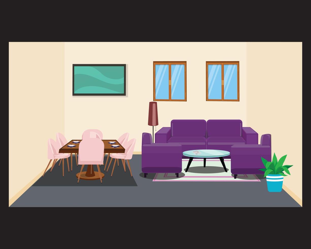 Living Room With Sofa Set And Dinner Table Home Interior vector
