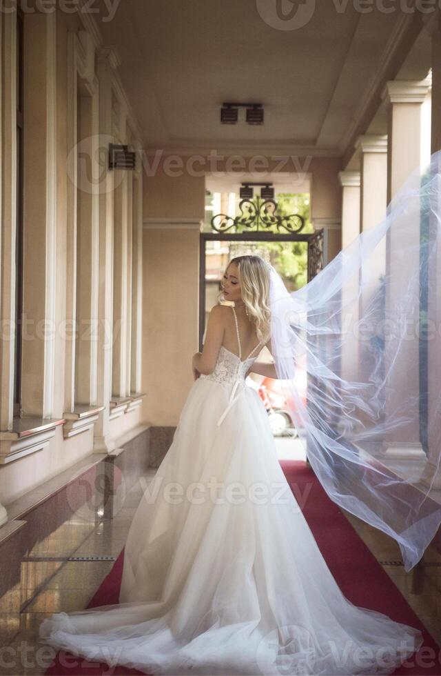 beautiful blonde bride in a beautiful hotel, in an arch in a long wedding dress. bride, view from the back, she has wavy blonde hair, open shoulders. veil of airy chiffon flies in the air photo
