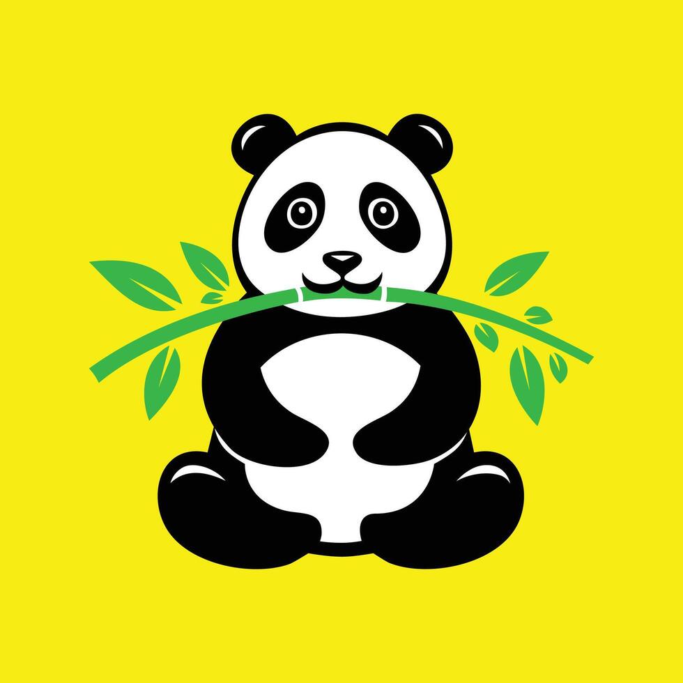 A panda bear eating a bamboo branch on a yellow background vector