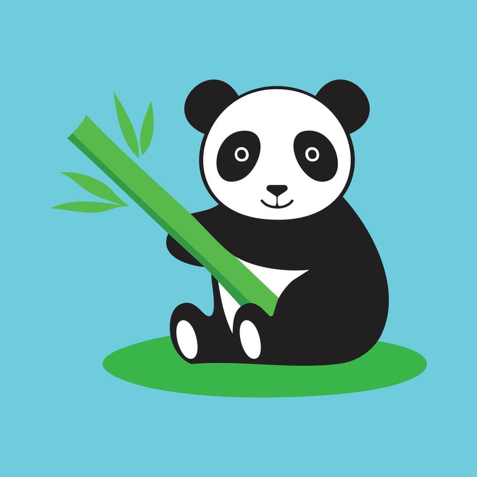 Panda bear holding bamboo stick on blue background vector