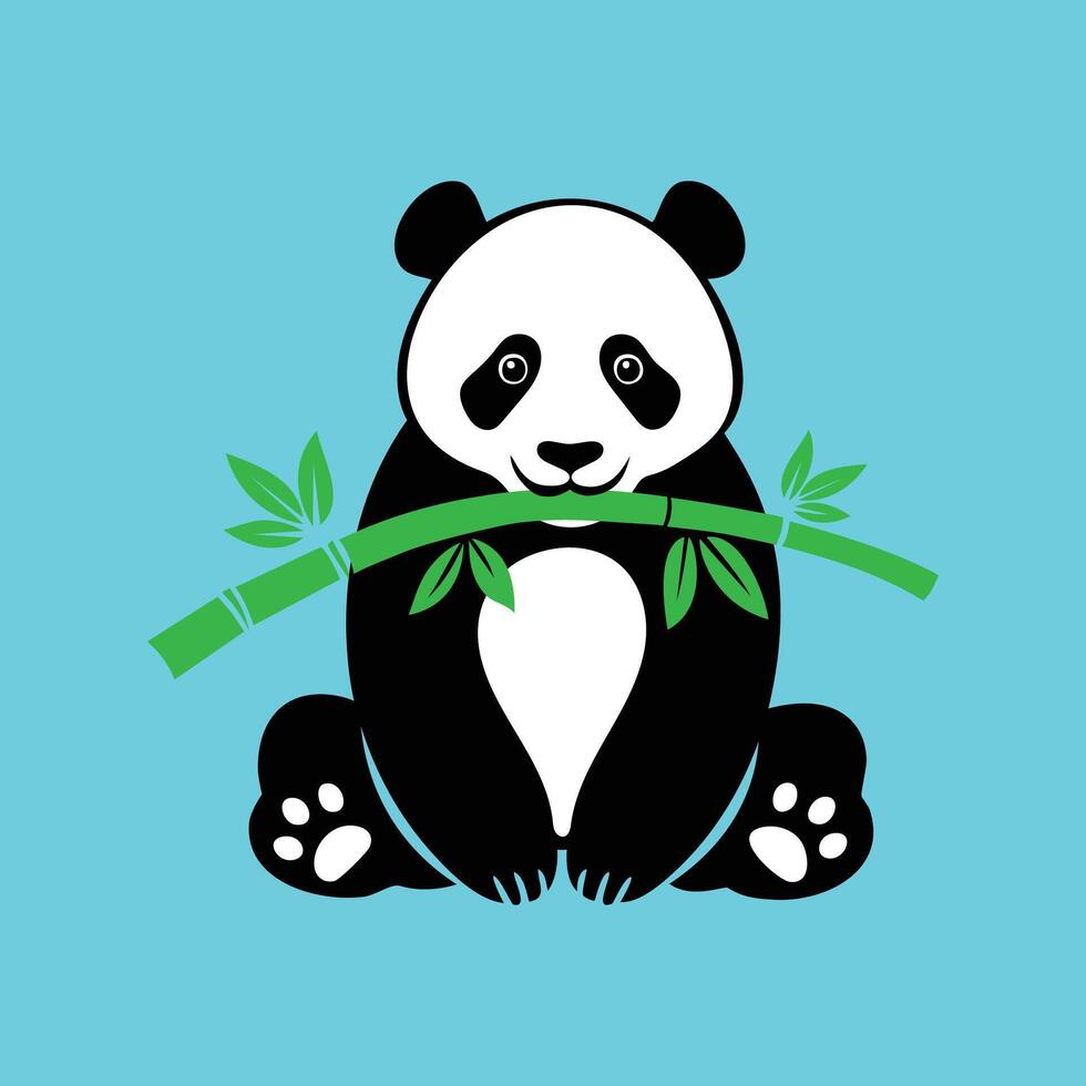Panda bear holding bamboo branch on blue background vector