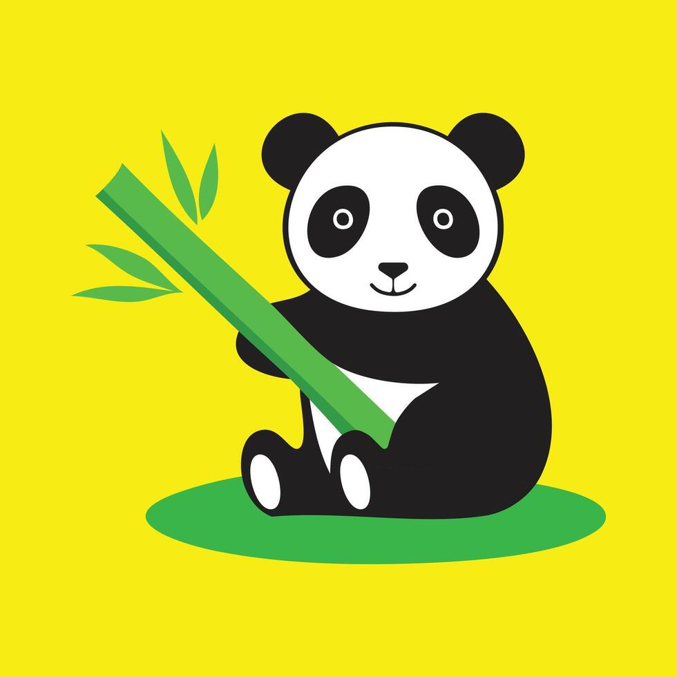 A panda bear sitting on a yellow background holding a bamboo stick vector