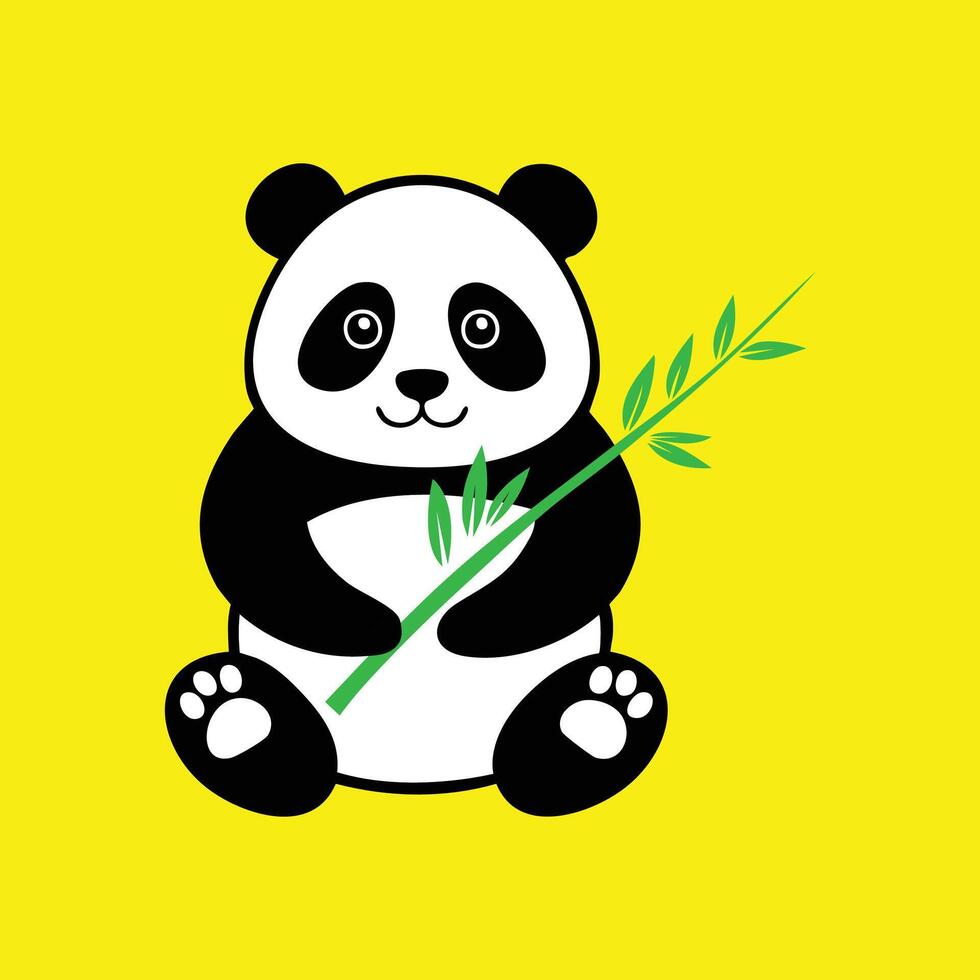 A panda bear holding a bamboo branch on a yellow background design illustration vector