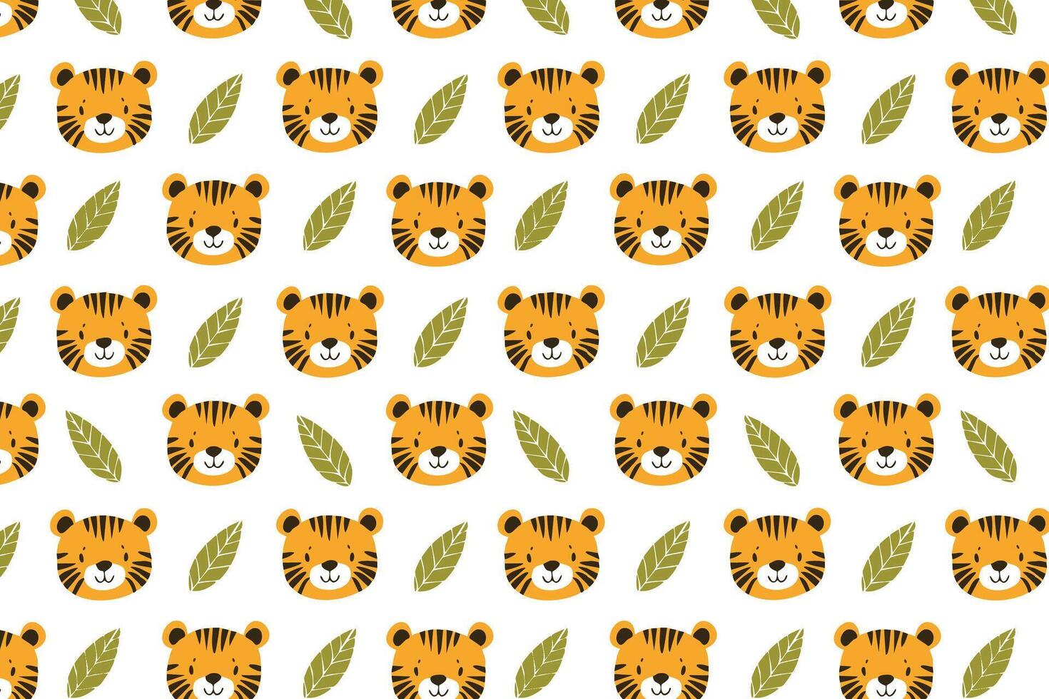 A pattern with tiger faces and leaves background vector