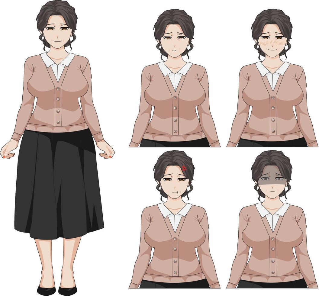 Anime Character With Set Of Expression vector