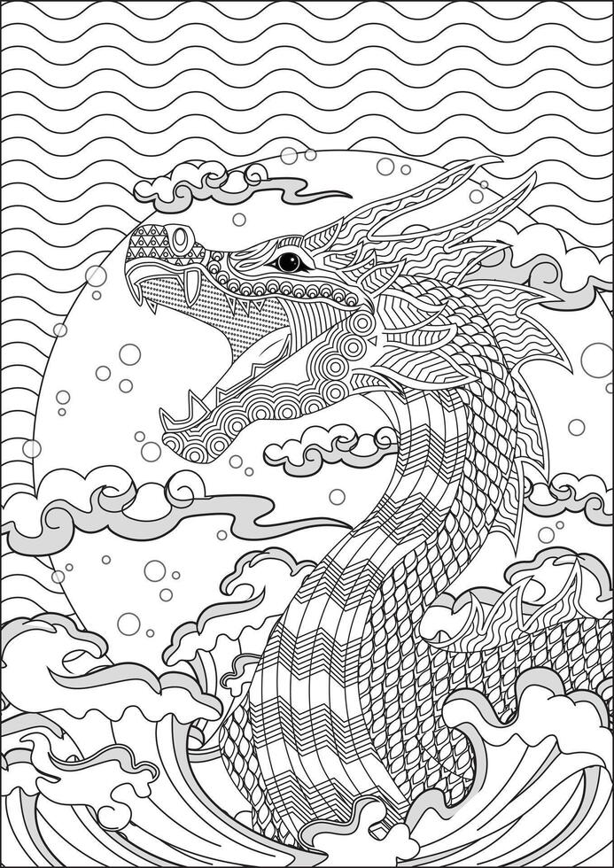 Dragon In Water Waves Beautiful Adult Coloring Book White And Black vector