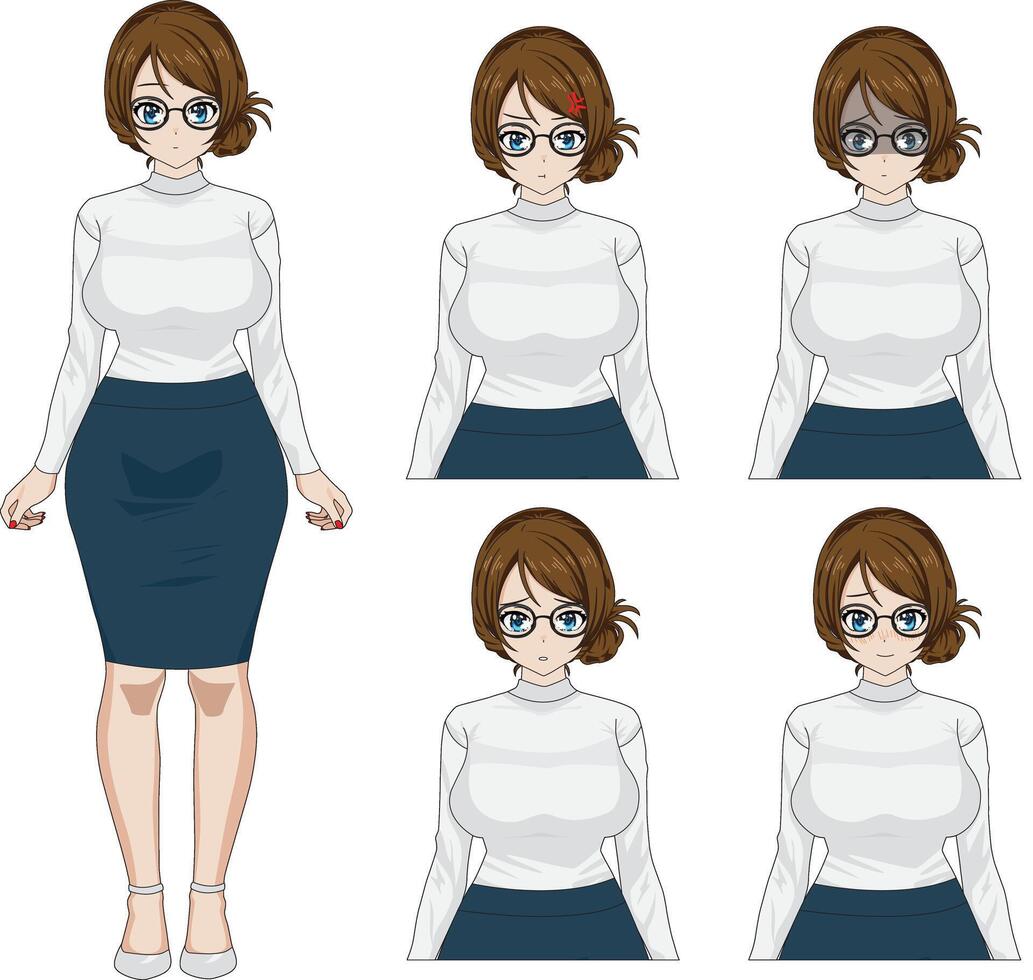 Anime Girl Character In Casual Wear With 5 Expressions Set vector