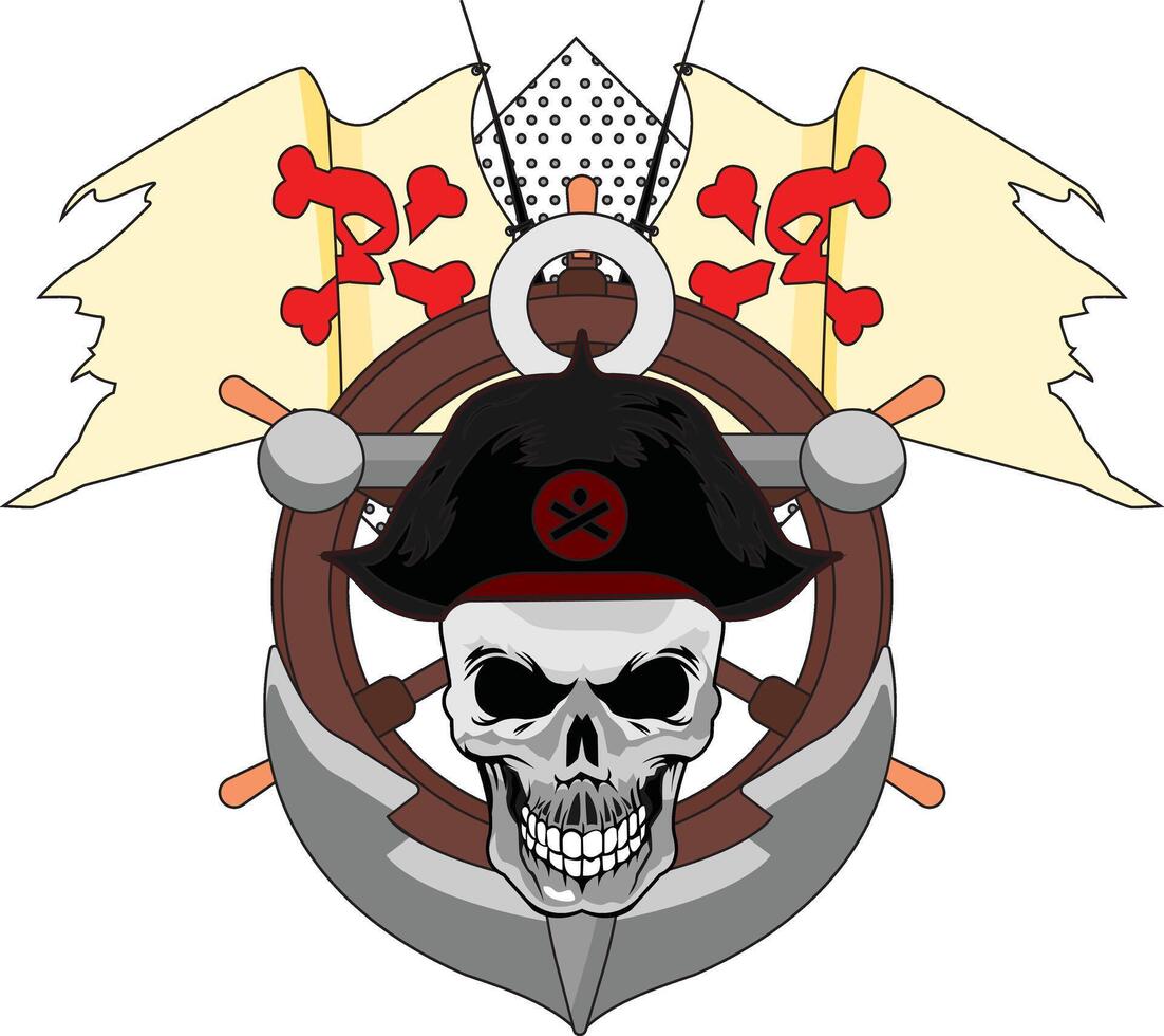 Human Pirate Skull Old Ship Captain Wheel Art vector