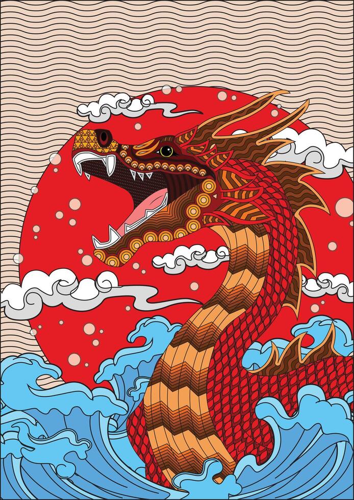 Red Dragon In Water Waves Beautiful Color Background vector