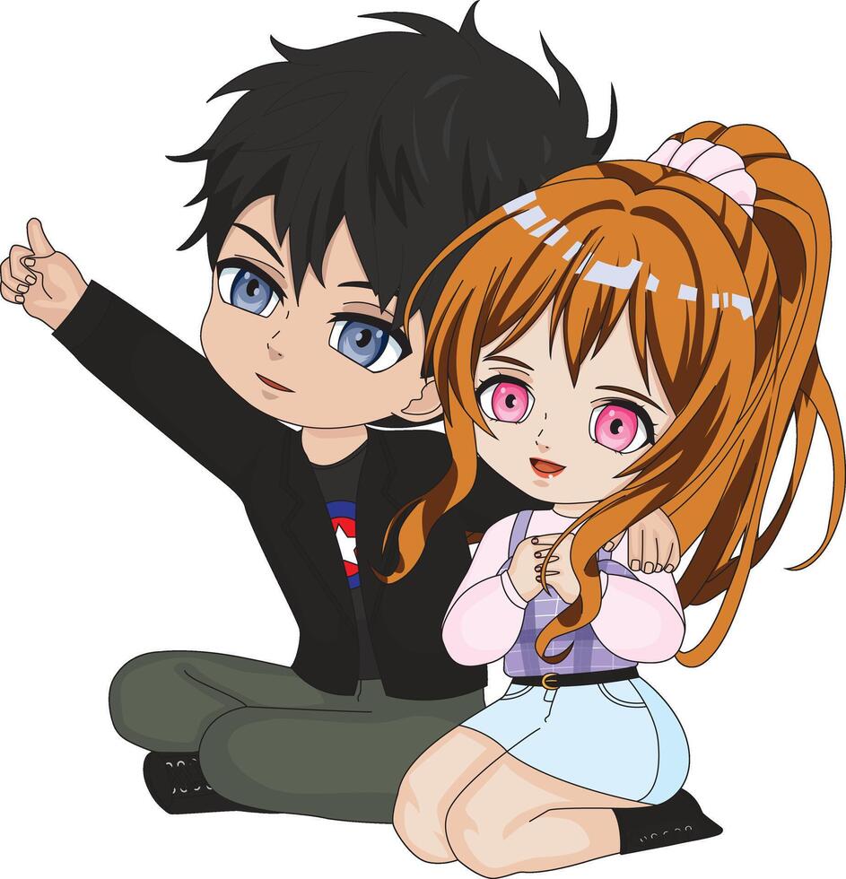 Anime Couple Sitting On Ground Chibi Character vector