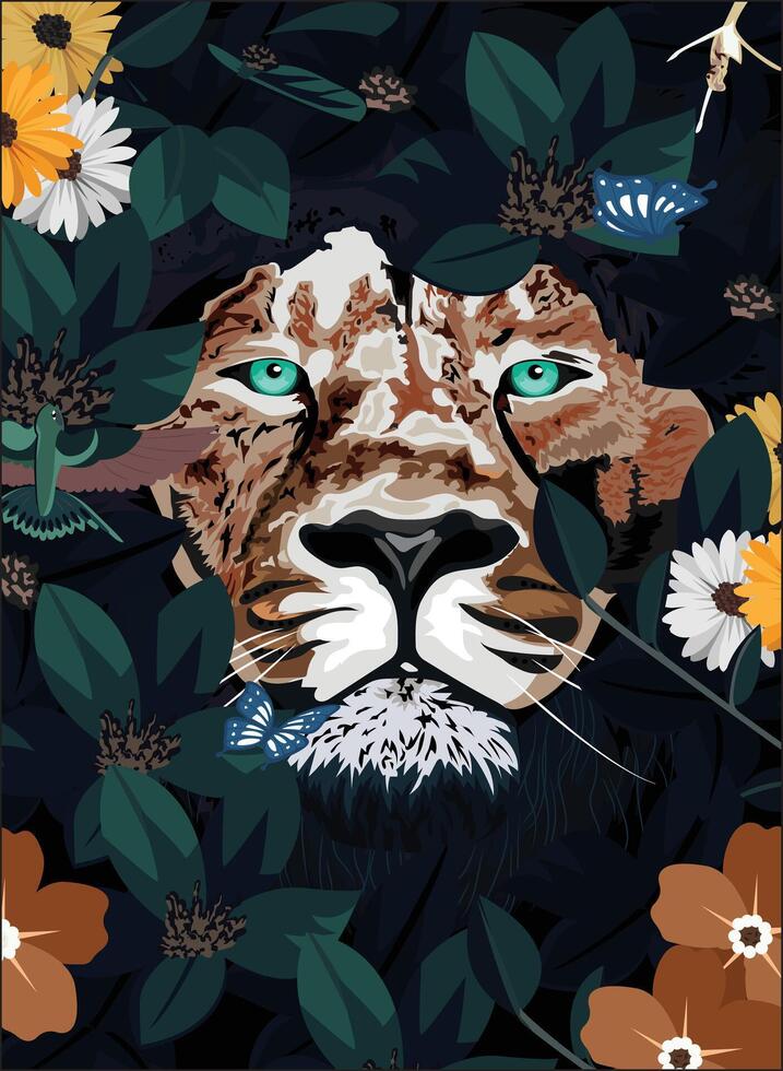 Lion Face With Flower Nature vector