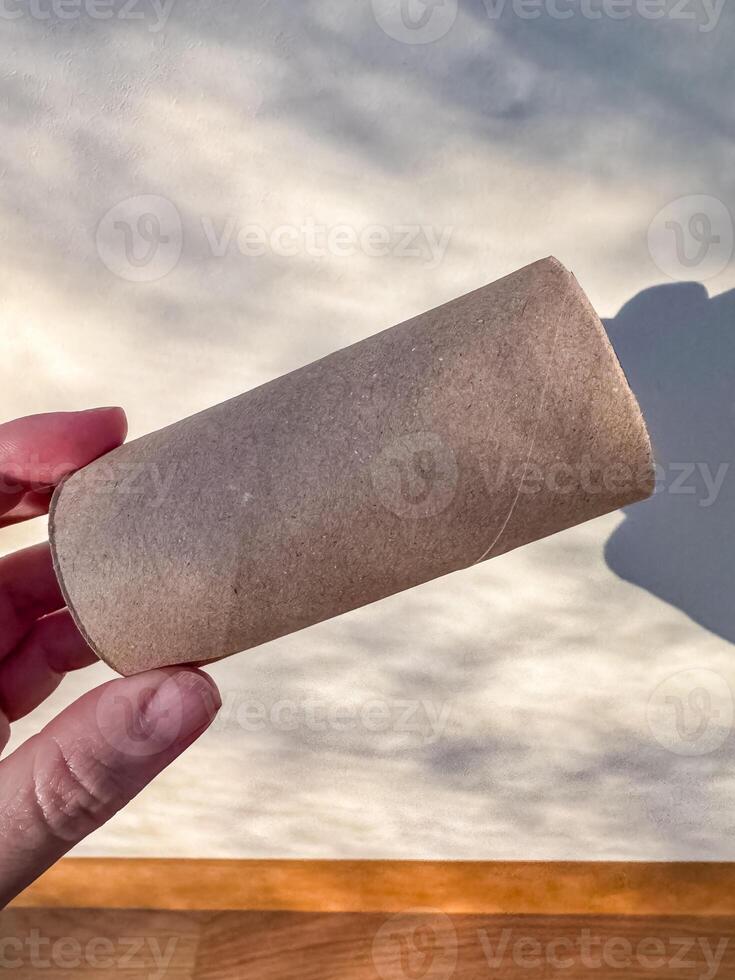 Hand holding an empty cardboard toilet paper roll with soft shadow on wall. High quality photo