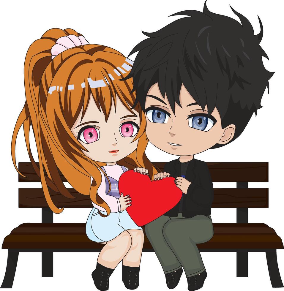 Cute Couple Sitting On Bench Holding Heart vector