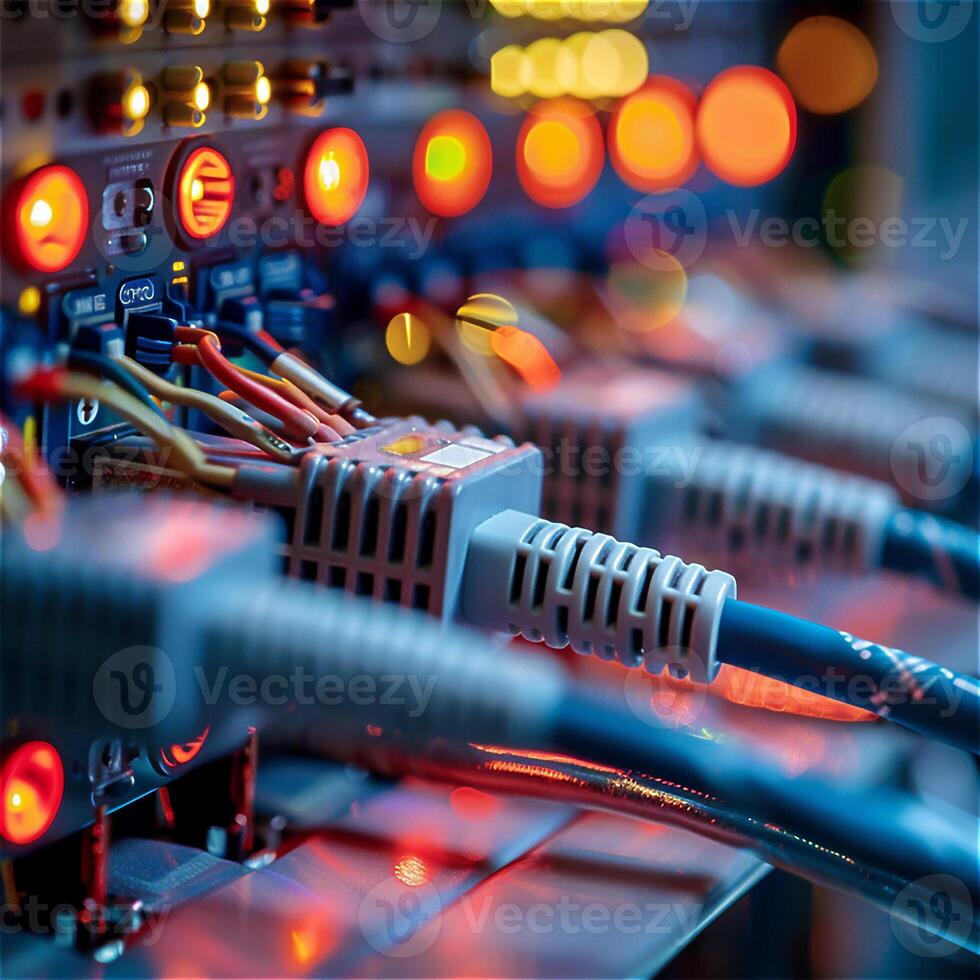 Close-up of server rack with connected Ethernet cables, glowing lights, and data transmission focus. High quality photo