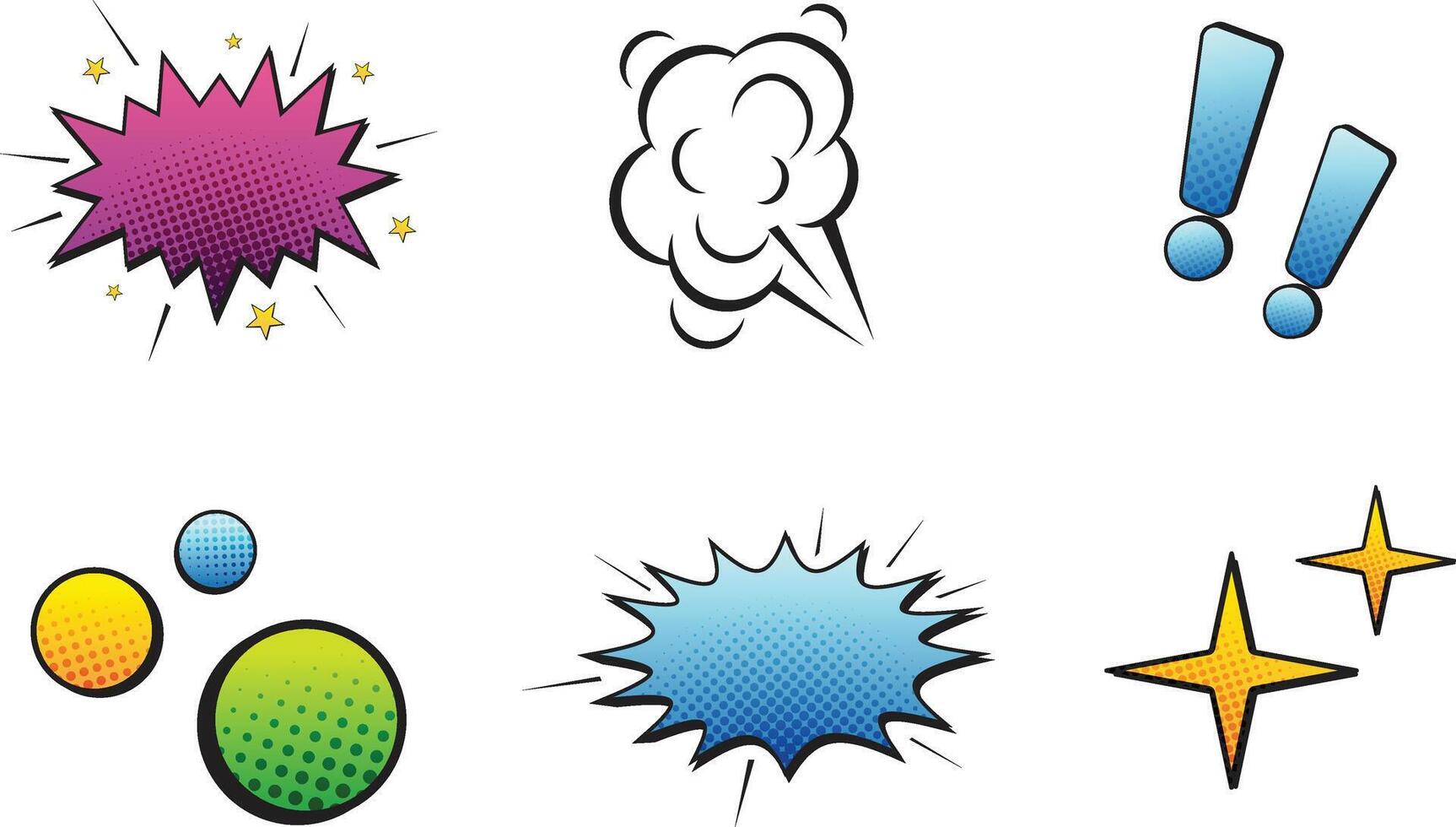 Comic effect shape with pop art style. Comic speech bubbles halftone dot background. Comic surprise, attention and lightning effect vector