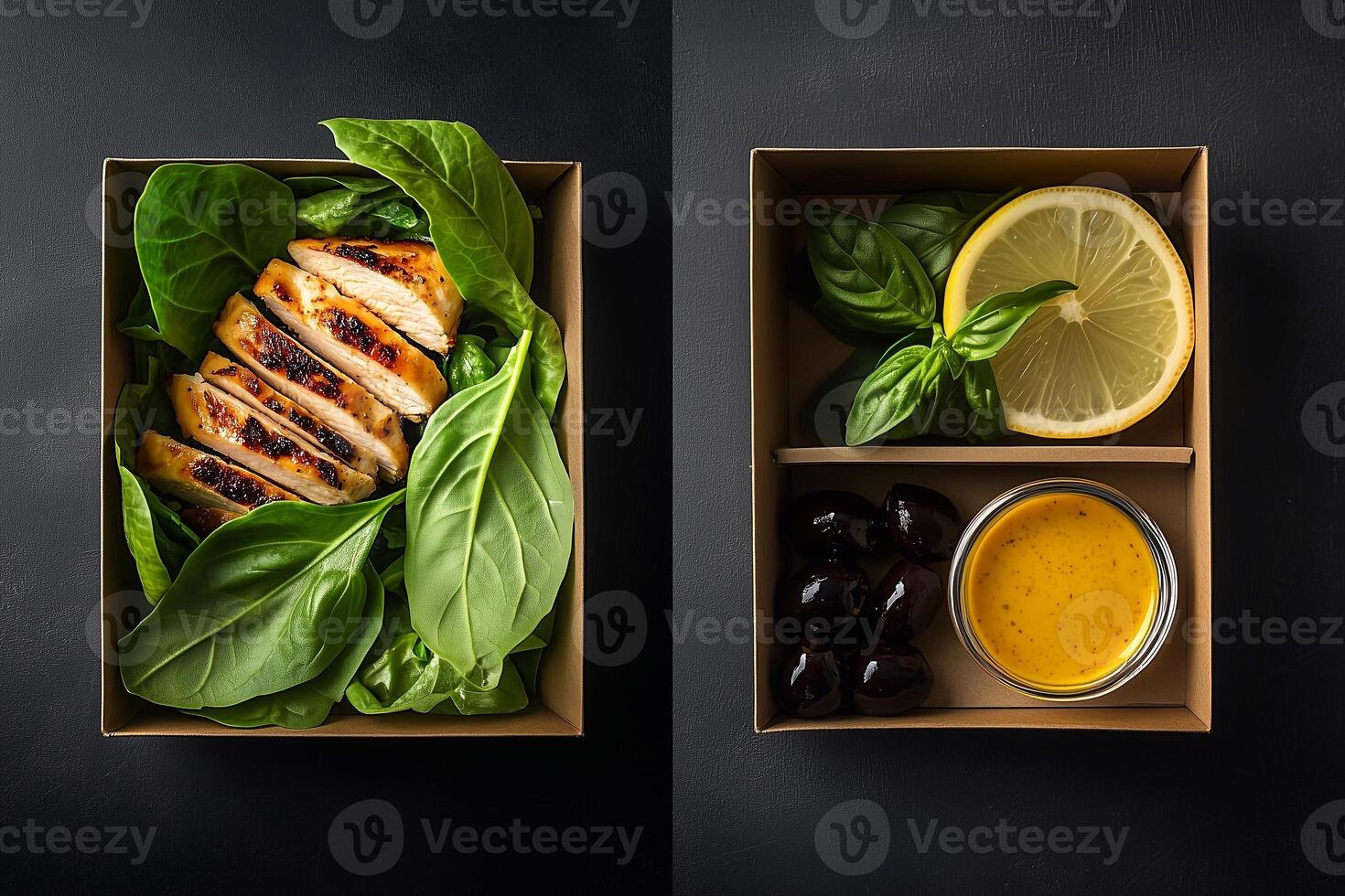 Healthy grab-and-go salad in a biodegradable box with fresh lettuce, grilled chicken, olives, lemon, and dressing. A gourmet meal with vibrant ingredients on a dark background. . photo