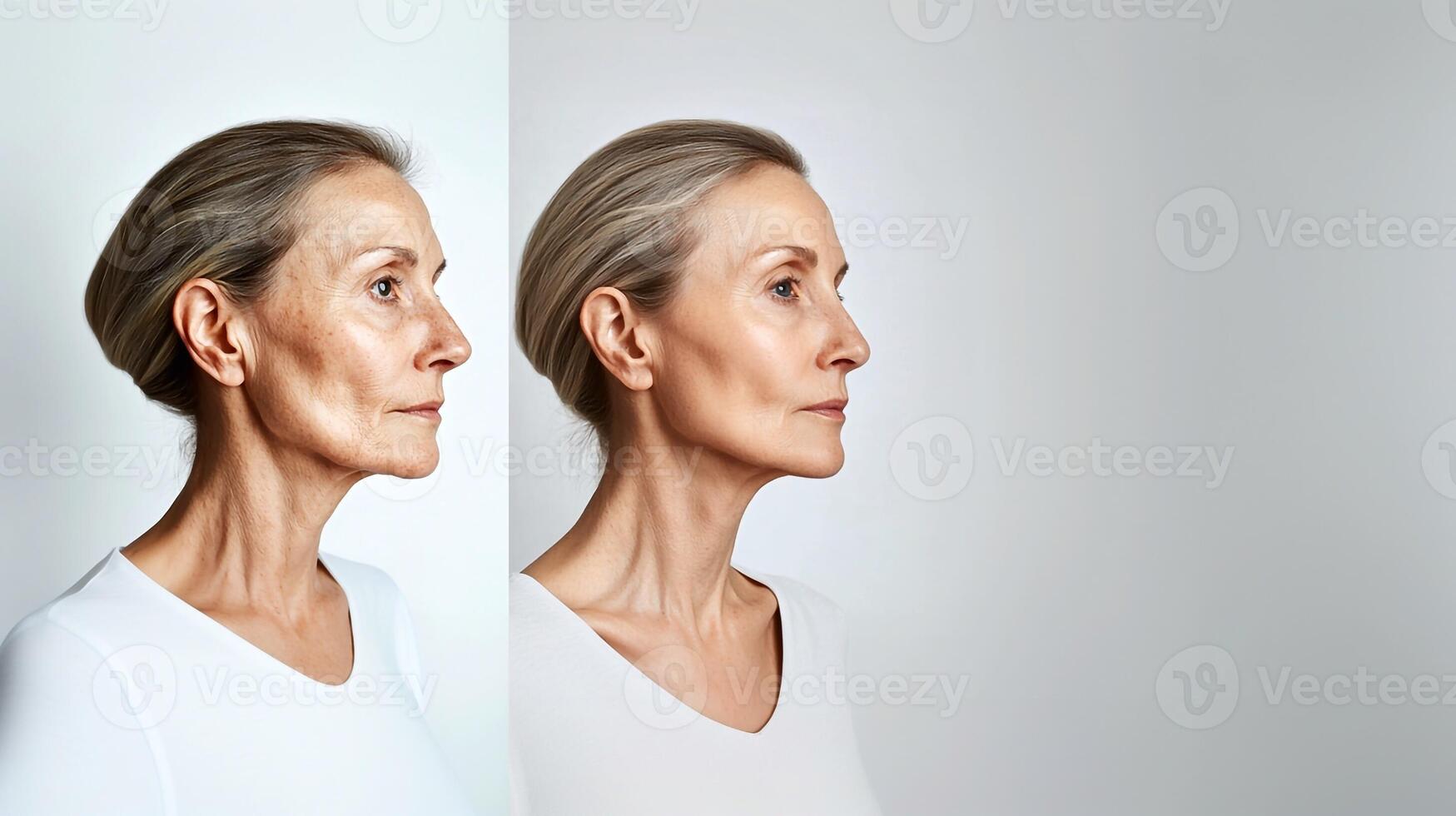 Side-by-side profile of a mature woman showing facial puffiness reduction and rejuvenation from cosmetic procedures and facial massage. Visible anti-aging effects. . photo
