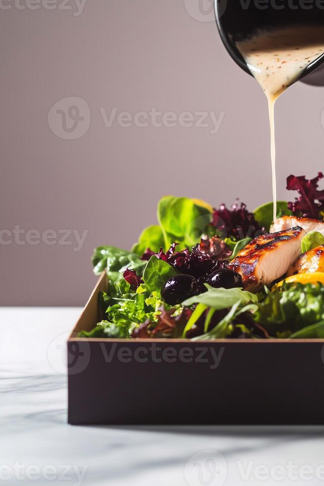 Fresh grab-and-go salad in a cardboard box with leafy greens, grilled chicken, black olives, and a drizzle of creamy lemon dressing. A perfect healthy takeaway meal. . photo