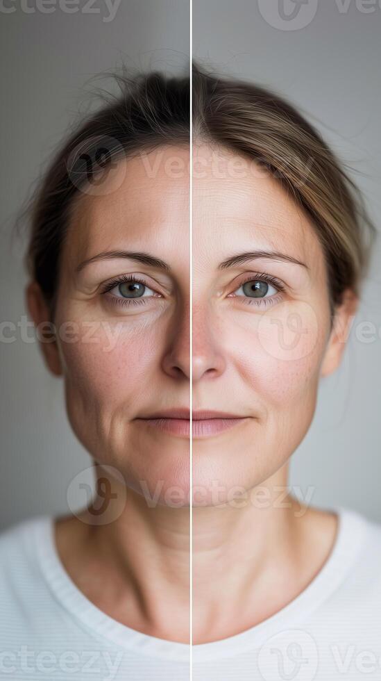 Split-screen close-up of a woman's face showing reduced puffiness and improved skin texture after facial massage and cosmetic treatment. Visible anti-aging effects. . photo