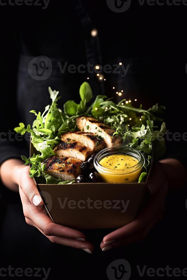Fresh grab-and-go salad with grilled chicken, arugula, olives, and lemon dressing in an eco-friendly box. A healthy, vibrant, and sustainable meal perfect for any lifestyle. . photo