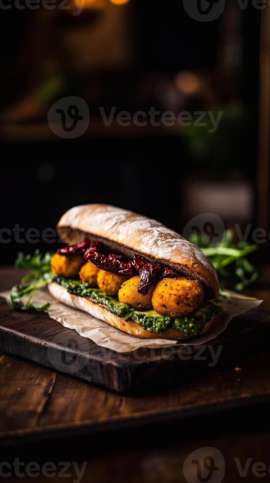 A ciabatta sandwich filled with crispy chickpea patties, sun-dried tomatoes, and vibrant pesto sauce, served on a rustic wooden board with a dark moody background. . photo