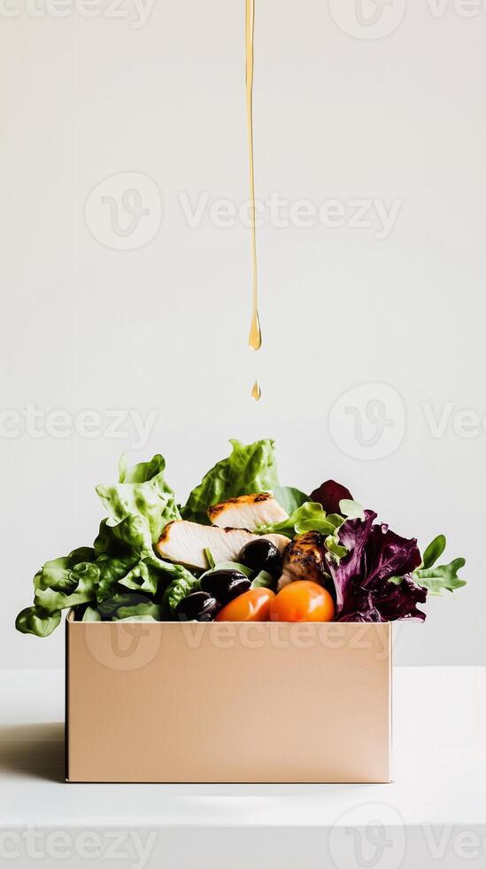 Fresh grab-and-go salad in a cardboard box with crisp lettuce, grilled chicken, black olives, and golden lemon dressing dripping from above. A healthy takeaway meal. . photo