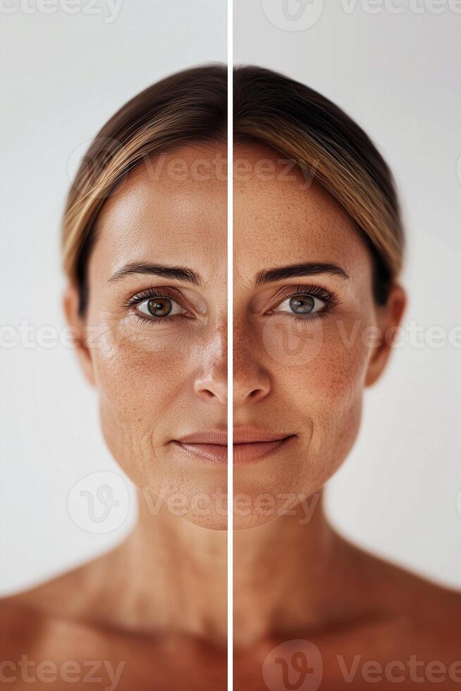 Split-screen portrait of a woman highlighting facial puffiness reduction and enhanced skin tone from cosmetic procedures and facial massage. Noticeable anti-aging transformation. . photo