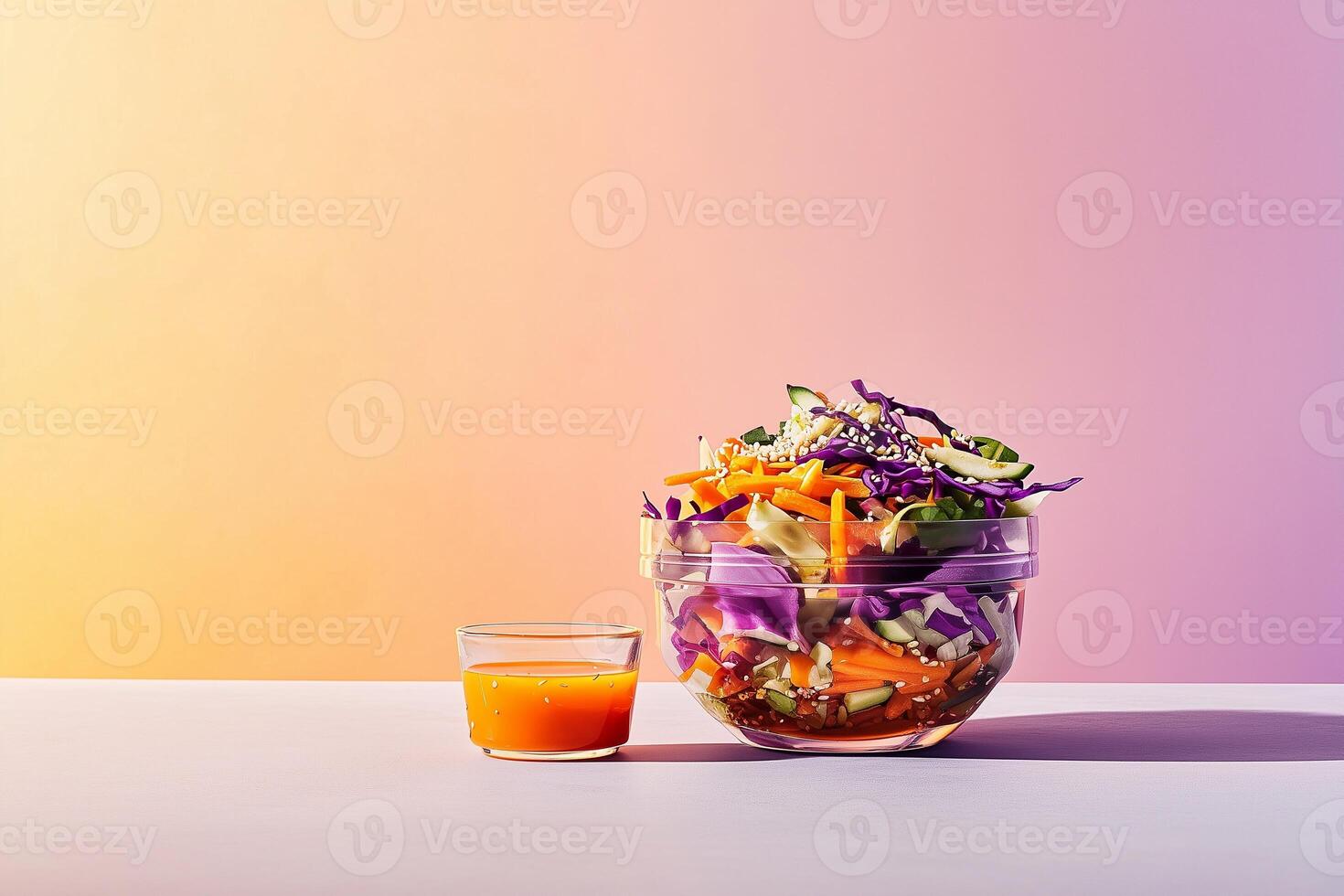 Grab-and-go salad in a clear bowl with cabbage, carrots, sesame seeds, and teriyaki sauce, served with creamy dressing. A fresh and vibrant meal option for healthy eating. . photo