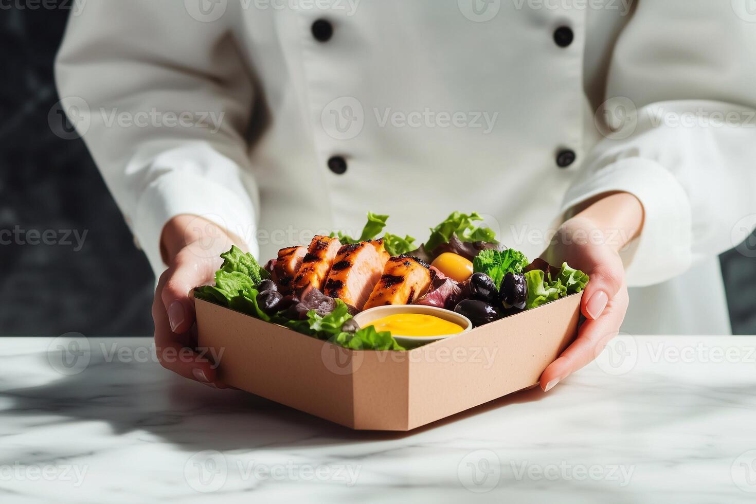 A fresh grab-and-go salad served in a biodegradable box with lettuce, grilled chicken, black olives, cherry tomatoes, and lemon dressing, presented by a chef in a white uniform. . photo