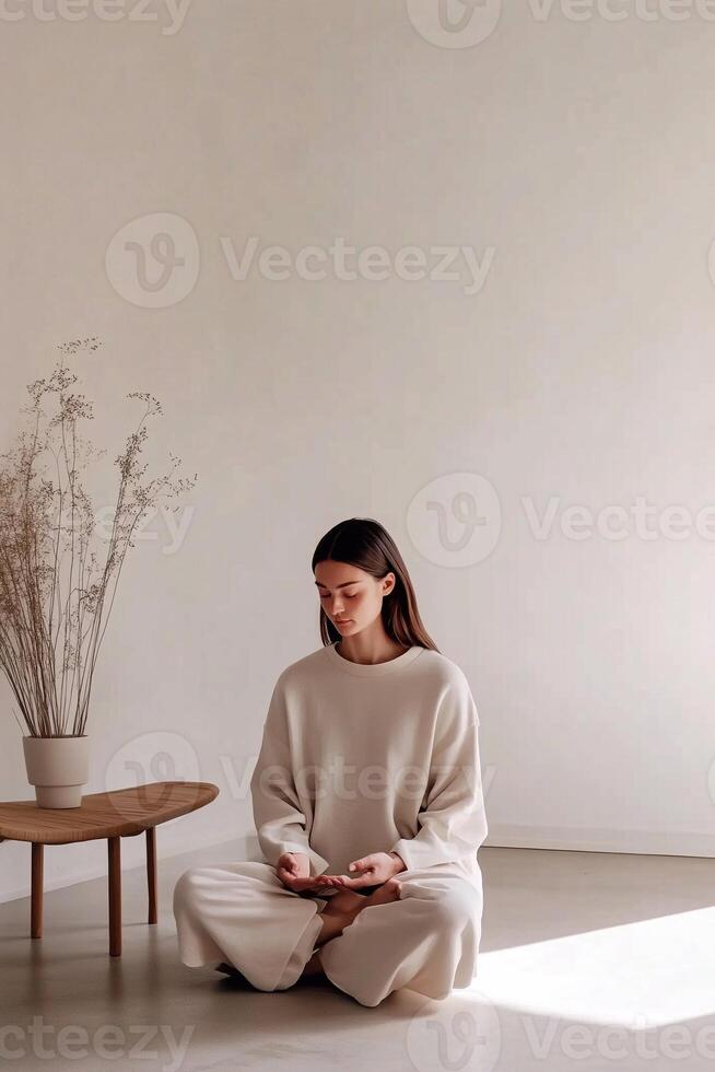 A woman practicing meditation in a minimalistic room with natural light. The setting emphasizes mindfulness, inner balance, and relaxation. A peaceful atmosphere promoting self-care. . photo