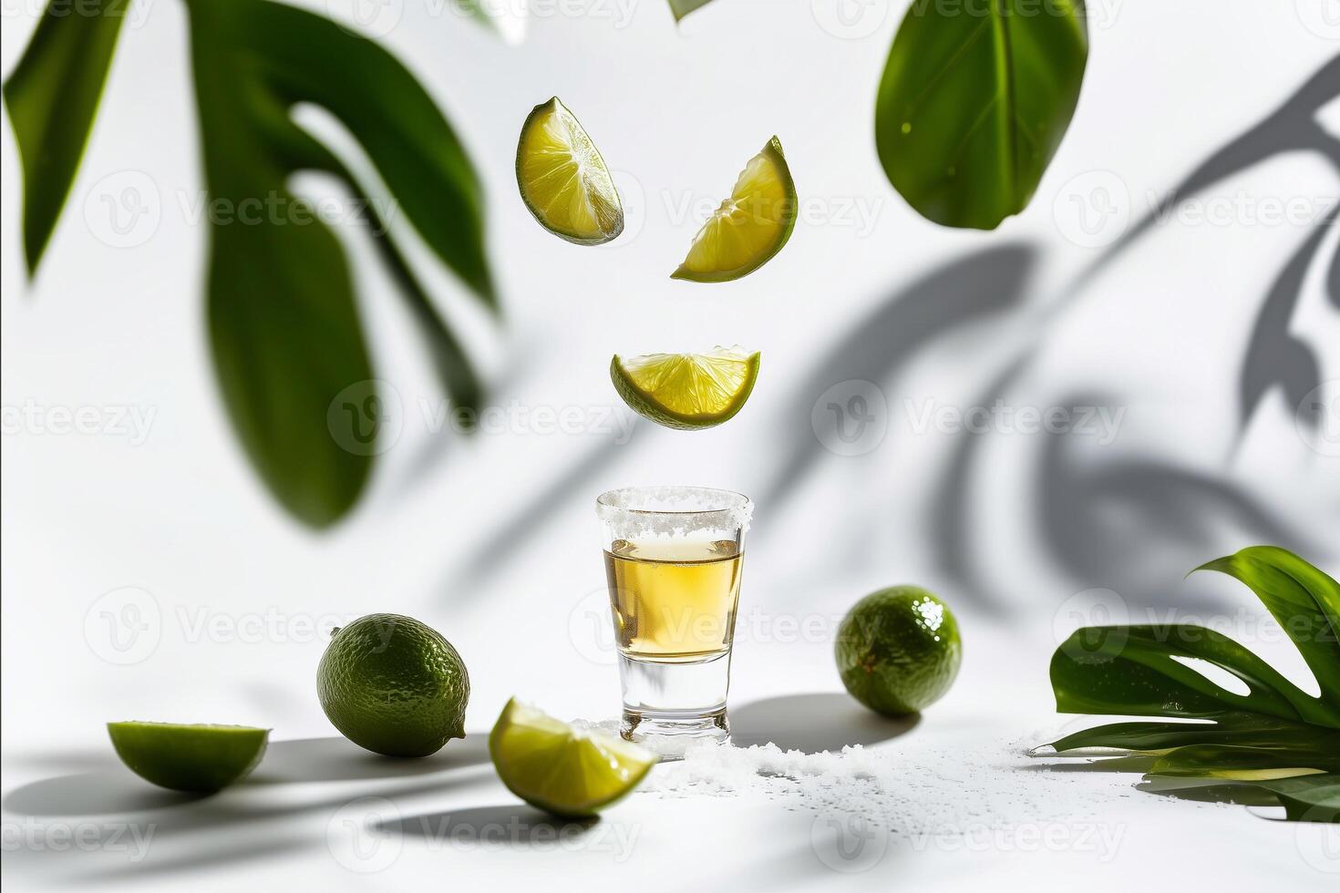 Tequila shot with salted rim, fresh limes, and tropical leaves in a bright, artistic composition. Floating lime slices add a dynamic touch to this refreshing scene. . photo