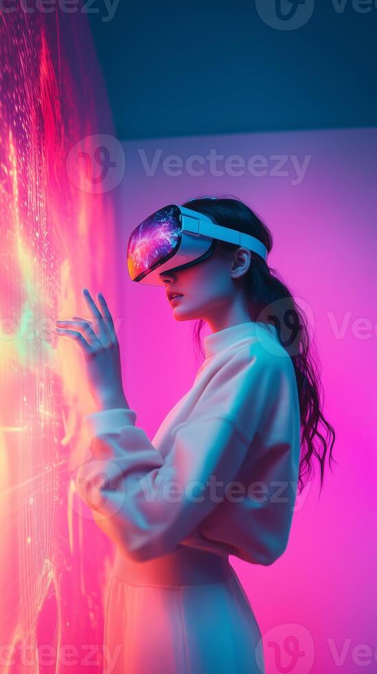 A young woman wearing a VR headset interacts with a glowing virtual interface. Futuristic neon colors create an immersive cyberpunk atmosphere, blending technology and innovation. . photo