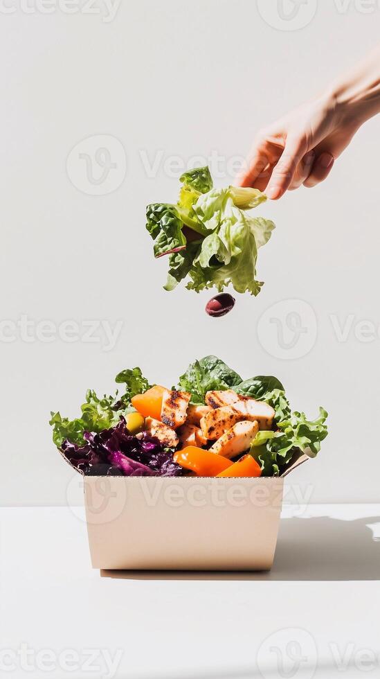 Grab-and-go salad in a cardboard box with fresh lettuce, grilled chicken, vibrant vegetables, and a levitating olive. Dynamic and playful composition with bright lighting. . photo