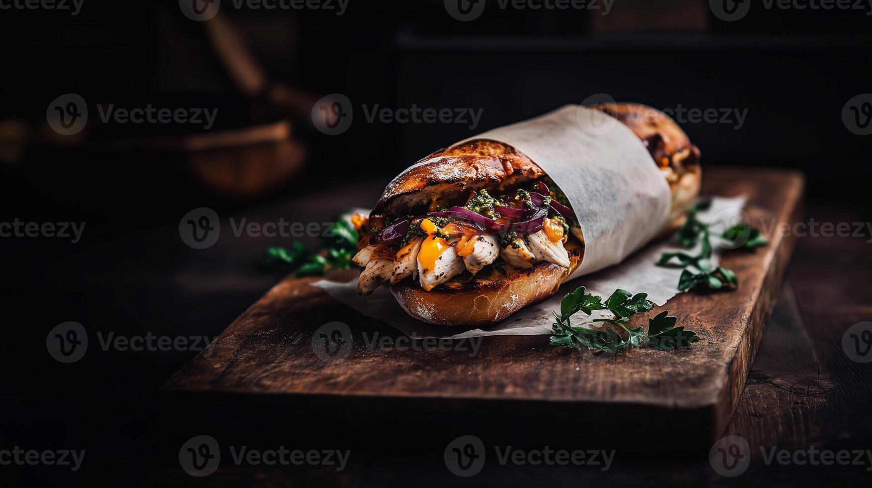 A rustic ciabatta sandwich filled with roasted chicken chunks, caramelized onions, melted cheese, and pesto sauce, wrapped in paper and served on a wooden board with a dark background. . photo
