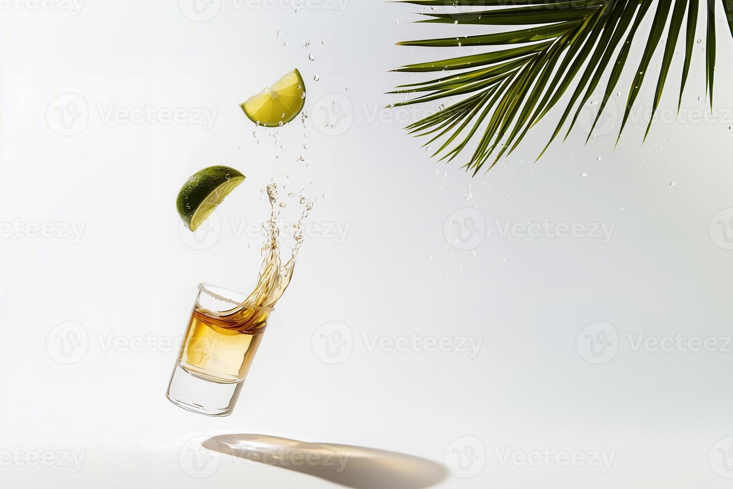 Tequila shot with splashing liquid and floating lime slices against a minimalistic white background with tropical palm leaves. A dynamic, refreshing, and elegant summer drink concept. photo