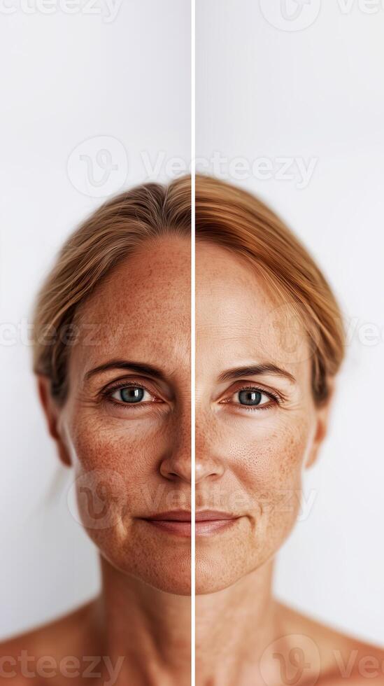 A split-screen portrait of a 40-year-old woman showcasing facial swelling reduction through cosmetic treatments and massage. Visible improvements in skin texture and firmness. . photo