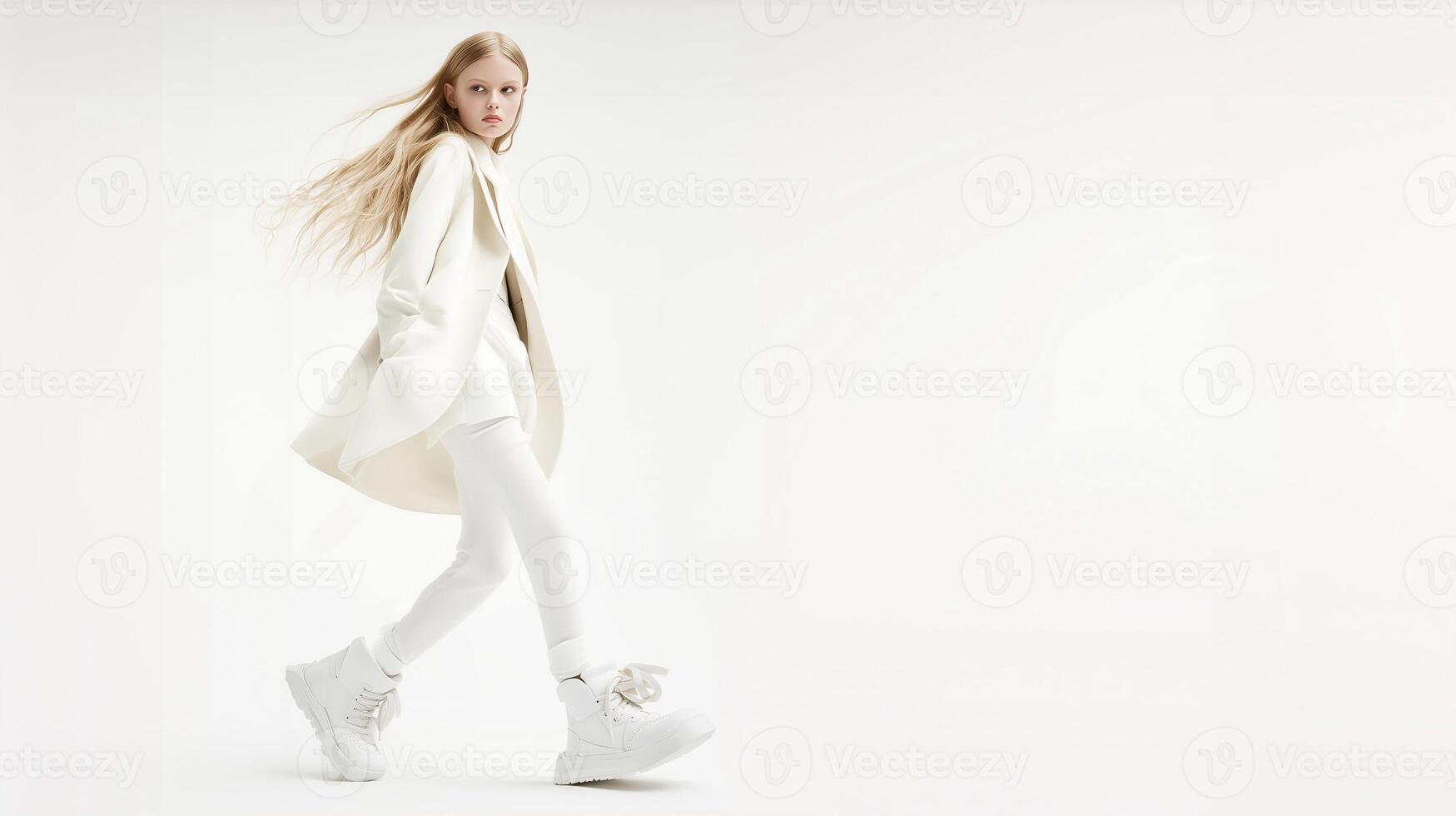 A stylish fashion model dressed in an all-white outfit, walking confidently against a minimalist background. The image embodies elegance, modernity, and sophistication. . photo