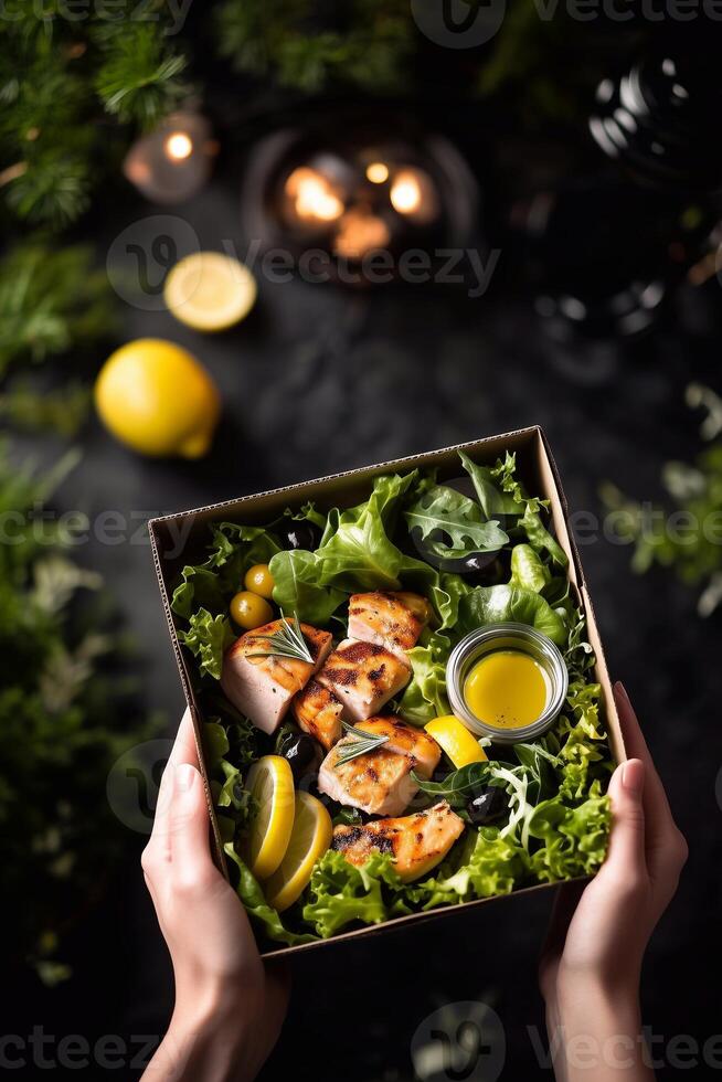 Grab-and-go salad with grilled chicken, fresh lettuce, olives, lemon slices, and rosemary in an eco-friendly box, paired with olive oil dressing. Healthy and convenient meal option. . photo