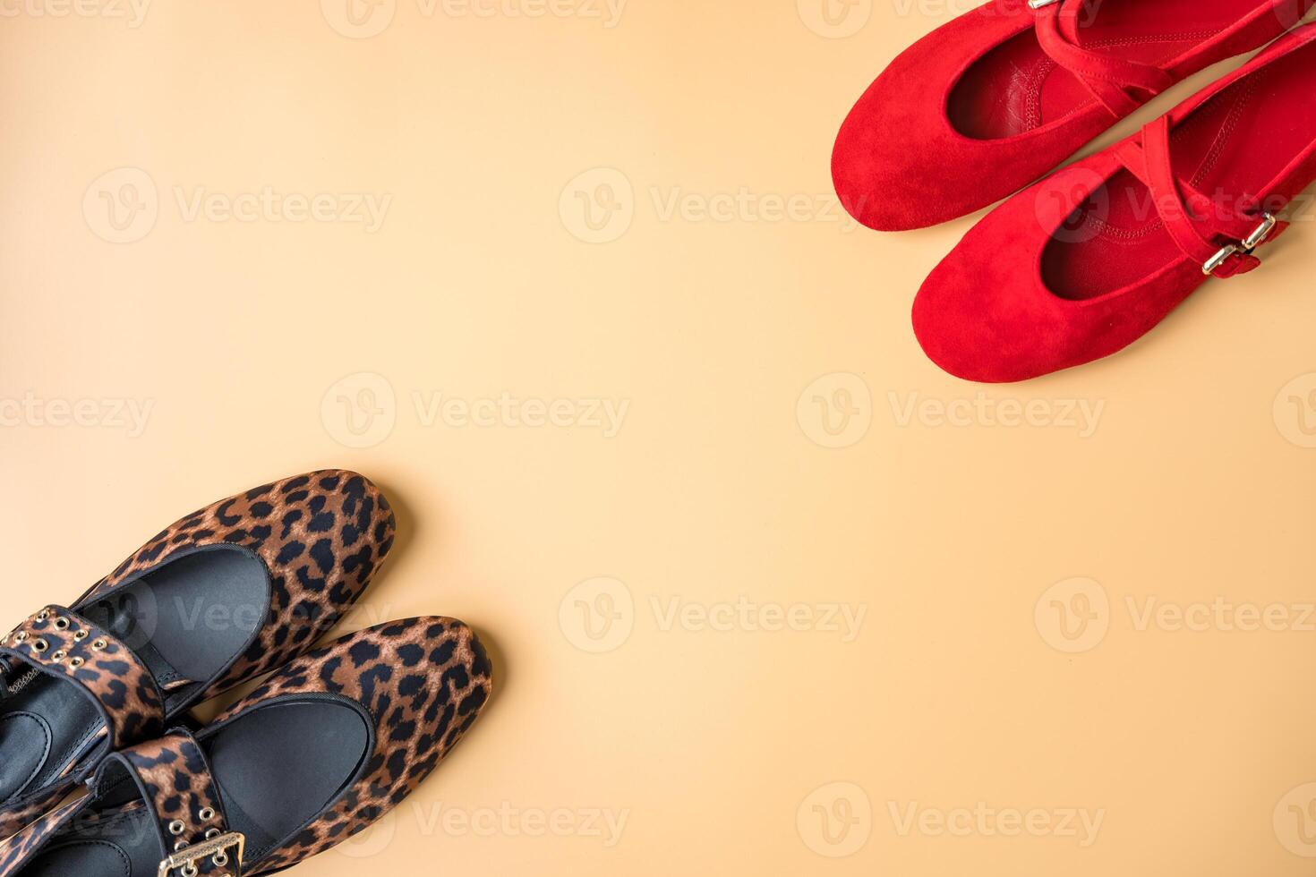 Leopard and red ballet flats on beige background with copy space photo