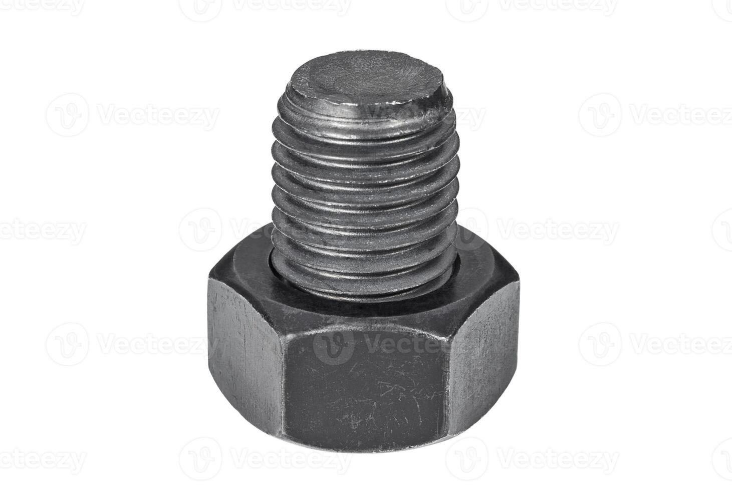 Black bolt with screwed nut on the white background photo