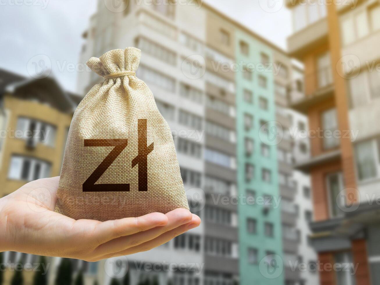 Poland zloty bag against the background of modern high-rise buildings. Investing in the purchase of real estate photo